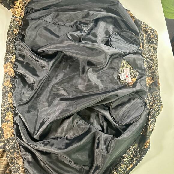 100% Silk Xposure VTG Women's PL Petite Large Black Tan Floral Full Zip Jacket - Picture 7 of 8